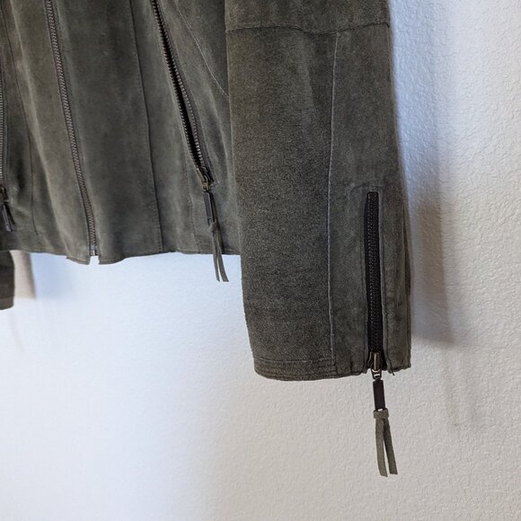 Alfani Leather Suede Short Boho Biker Standup Neck Jacket Dark Olive Green - Picture 7 of 14